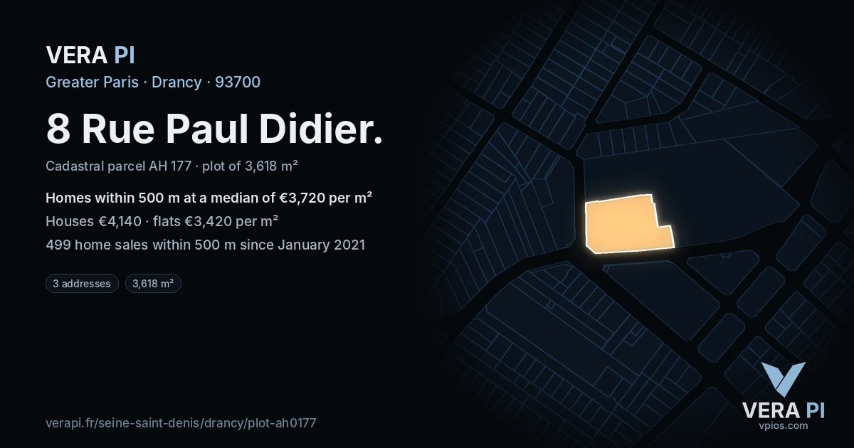 8 Rue Paul Didier, Drancy at night – the plot lit, the parcels around coloured by the prices near them