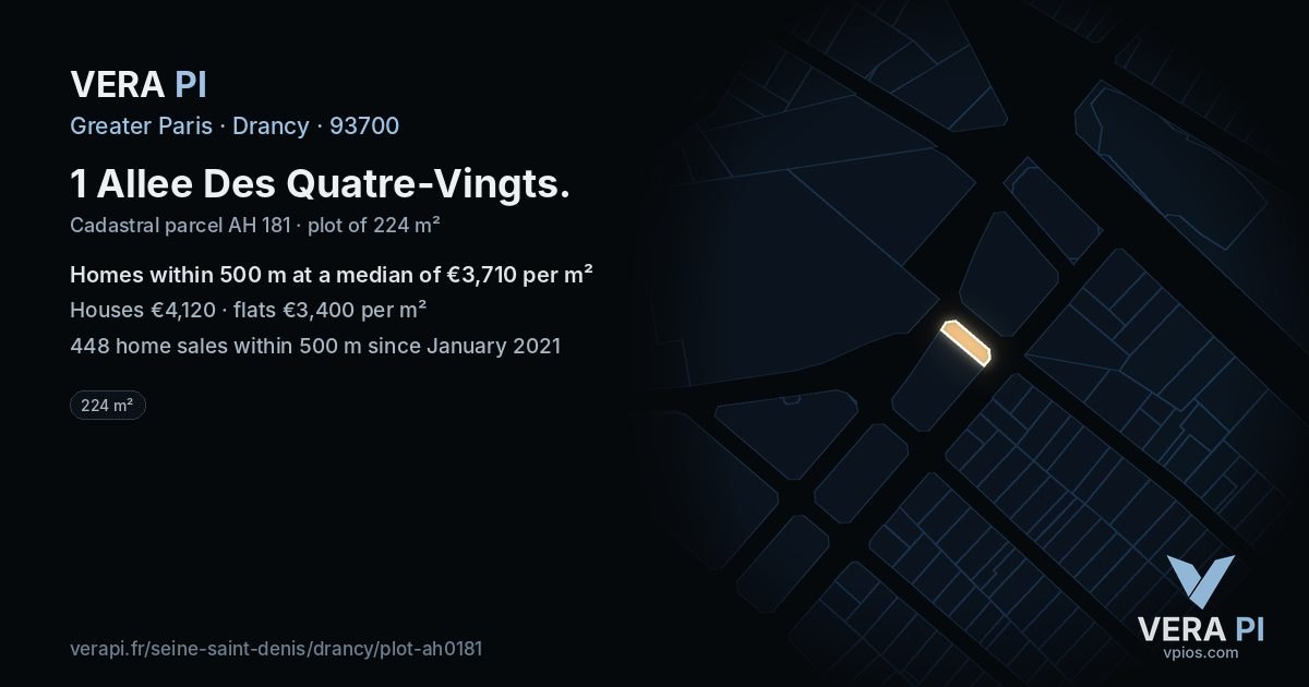 1 Allee Des Quatre-Vingts, Drancy at night – the plot lit, the parcels around coloured by the prices near them