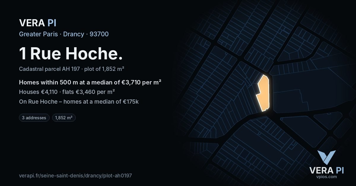 1 Rue Hoche, Drancy at night – the plot lit, the parcels around coloured by the prices near them