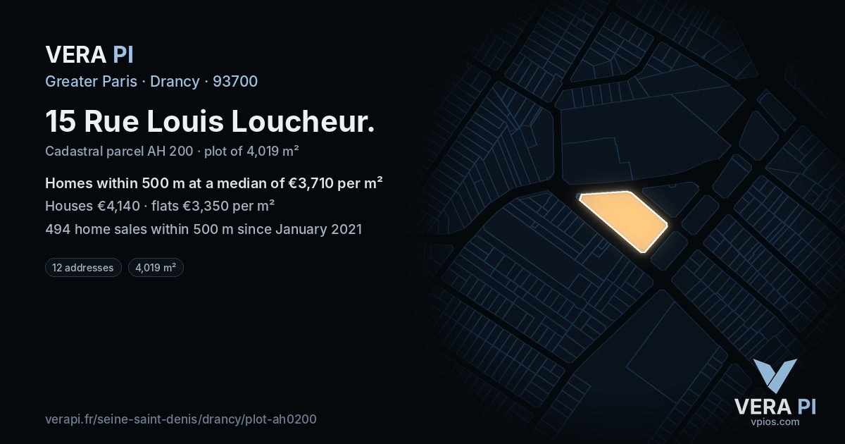15 Rue Louis Loucheur, Drancy at night – the plot lit, the parcels around coloured by the prices near them