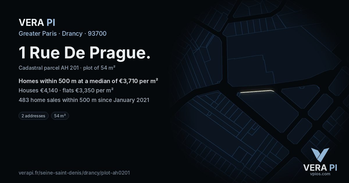 1 Rue De Prague, Drancy at night – the plot lit, the parcels around coloured by the prices near them