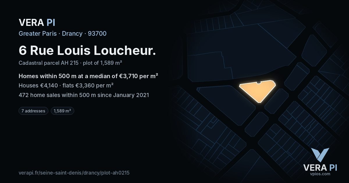 6 Rue Louis Loucheur, Drancy at night – the plot lit, the parcels around coloured by the prices near them