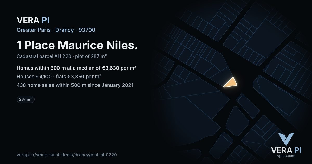 1 Place Maurice Niles, Drancy at night – the plot lit, the parcels around coloured by the prices near them