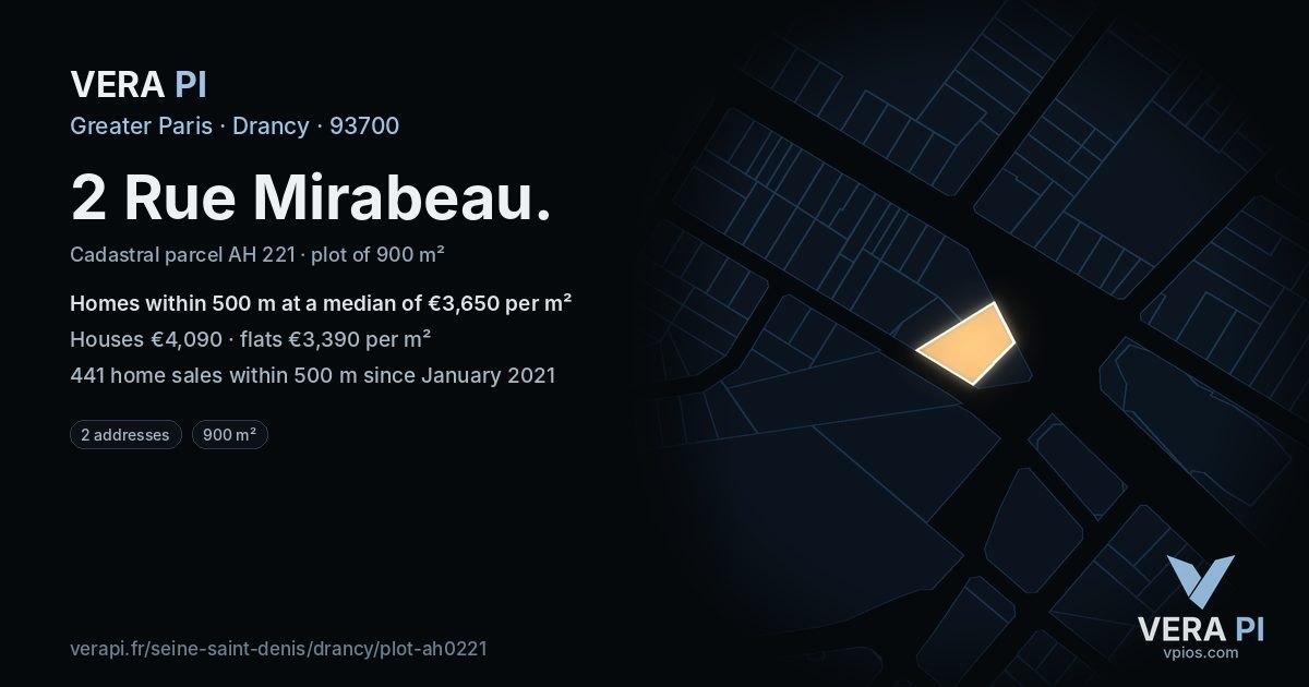 2 Rue Mirabeau, Drancy at night – the plot lit, the parcels around coloured by the prices near them