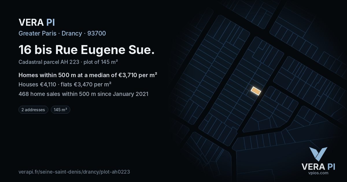 16 bis Rue Eugene Sue, Drancy at night – the plot lit, the parcels around coloured by the prices near them