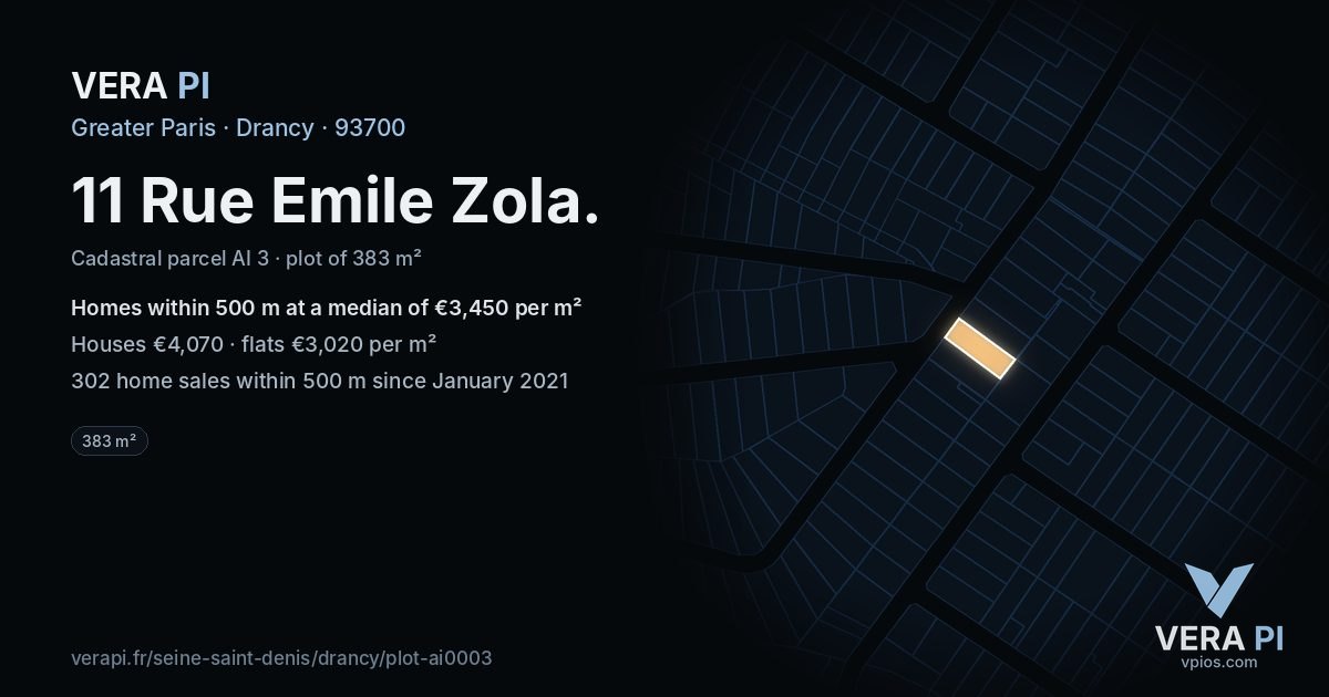 11 Rue Emile Zola, Drancy at night – the plot lit, the parcels around coloured by the prices near them