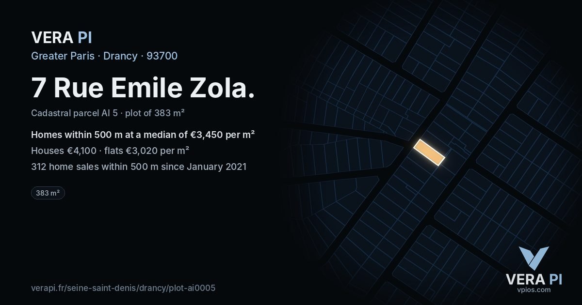7 Rue Emile Zola, Drancy at night – the plot lit, the parcels around coloured by the prices near them