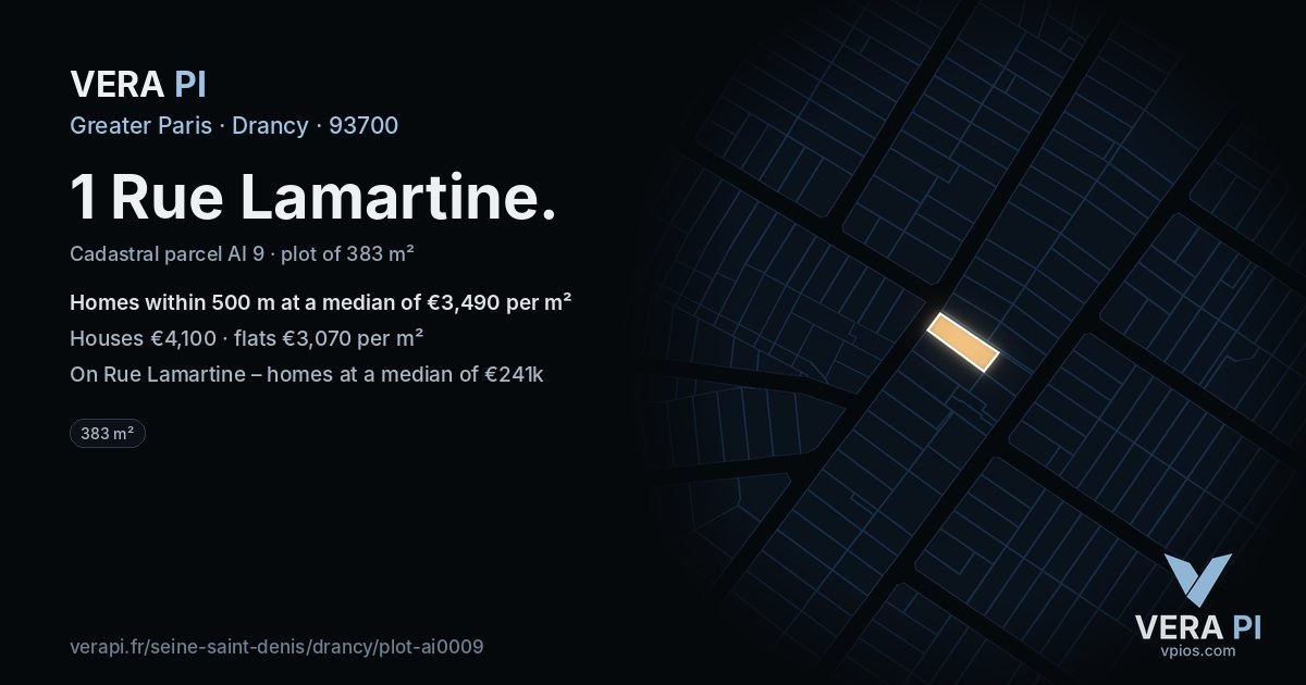 1 Rue Lamartine, Drancy at night – the plot lit, the parcels around coloured by the prices near them