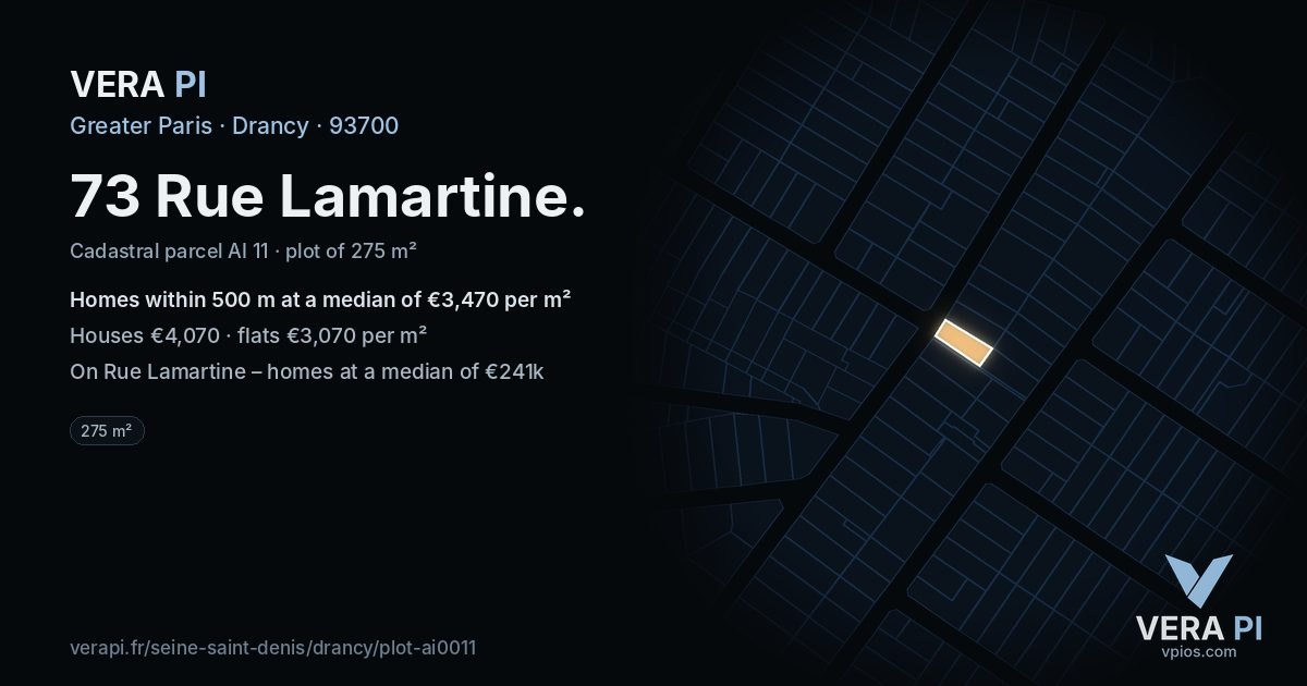 73 Rue Lamartine, Drancy at night – the plot lit, the parcels around coloured by the prices near them
