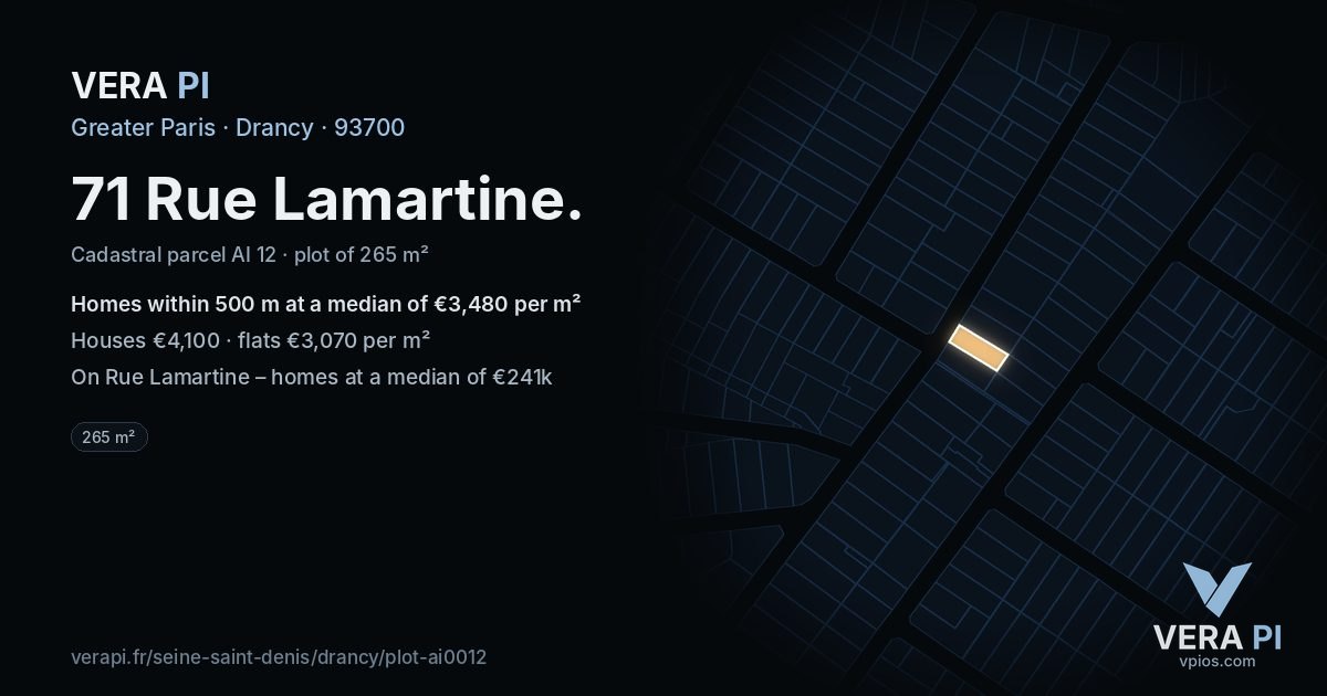 71 Rue Lamartine, Drancy at night – the plot lit, the parcels around coloured by the prices near them