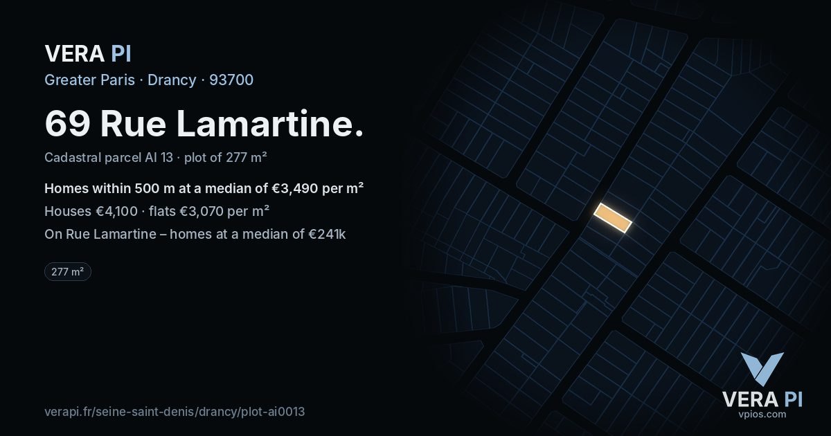 69 Rue Lamartine, Drancy at night – the plot lit, the parcels around coloured by the prices near them