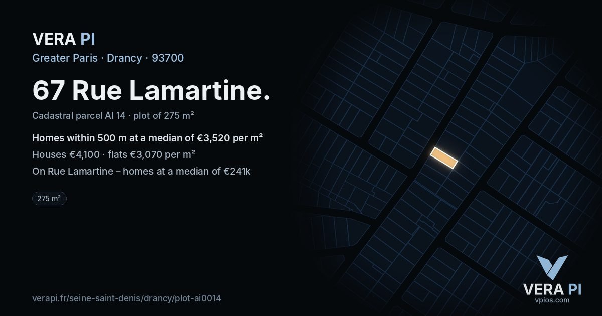 67 Rue Lamartine, Drancy at night – the plot lit, the parcels around coloured by the prices near them