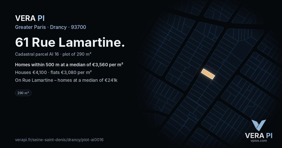 61 Rue Lamartine, Drancy at night – the plot lit, the parcels around coloured by the prices near them