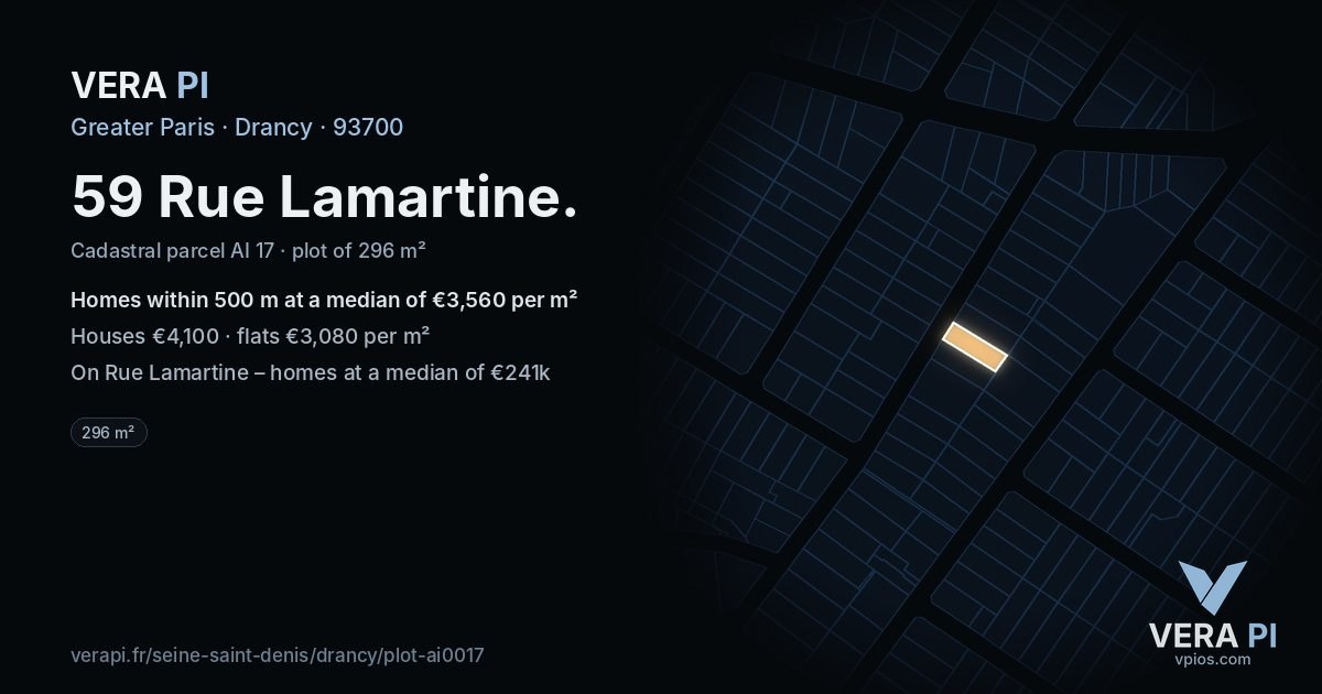 59 Rue Lamartine, Drancy at night – the plot lit, the parcels around coloured by the prices near them