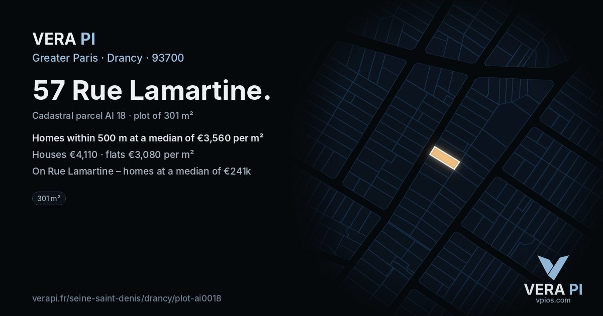 57 Rue Lamartine, Drancy at night – the plot lit, the parcels around coloured by the prices near them