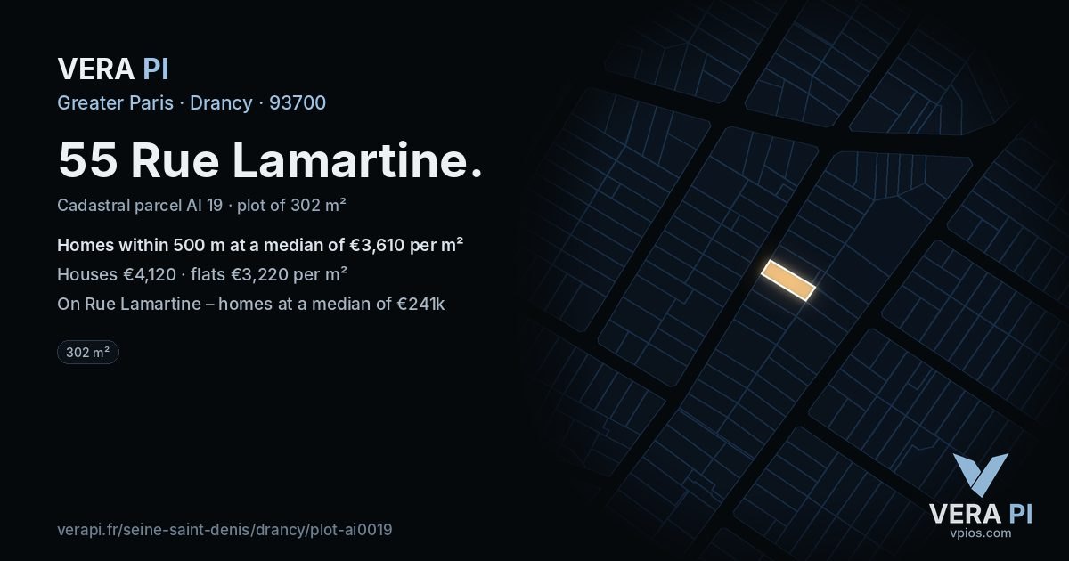 55 Rue Lamartine, Drancy at night – the plot lit, the parcels around coloured by the prices near them