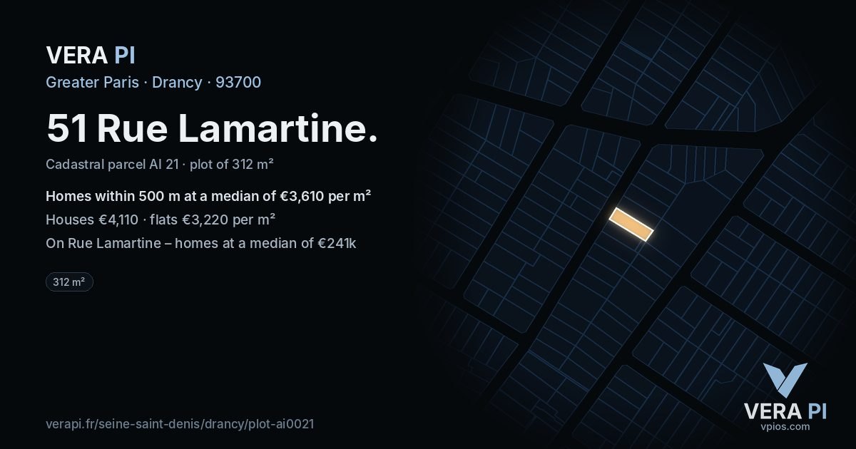 51 Rue Lamartine, Drancy at night – the plot lit, the parcels around coloured by the prices near them