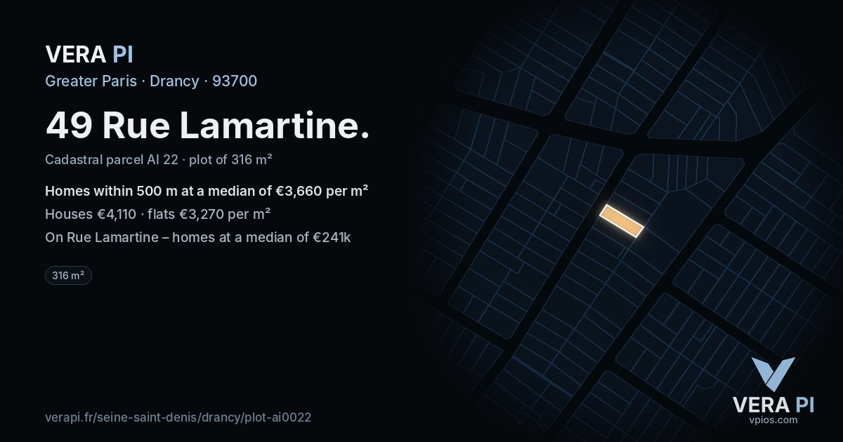 49 Rue Lamartine, Drancy at night – the plot lit, the parcels around coloured by the prices near them