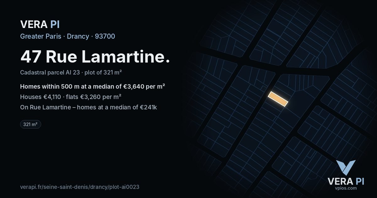 47 Rue Lamartine, Drancy at night – the plot lit, the parcels around coloured by the prices near them