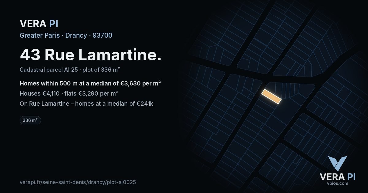 43 Rue Lamartine, Drancy at night – the plot lit, the parcels around coloured by the prices near them