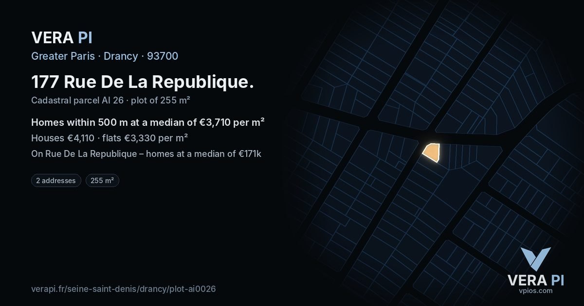177 Rue De La Republique, Drancy at night – the plot lit, the parcels around coloured by the prices near them