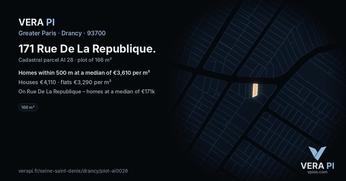 171 Rue De La Republique, Drancy at night – the plot lit, the parcels around coloured by the prices near them
