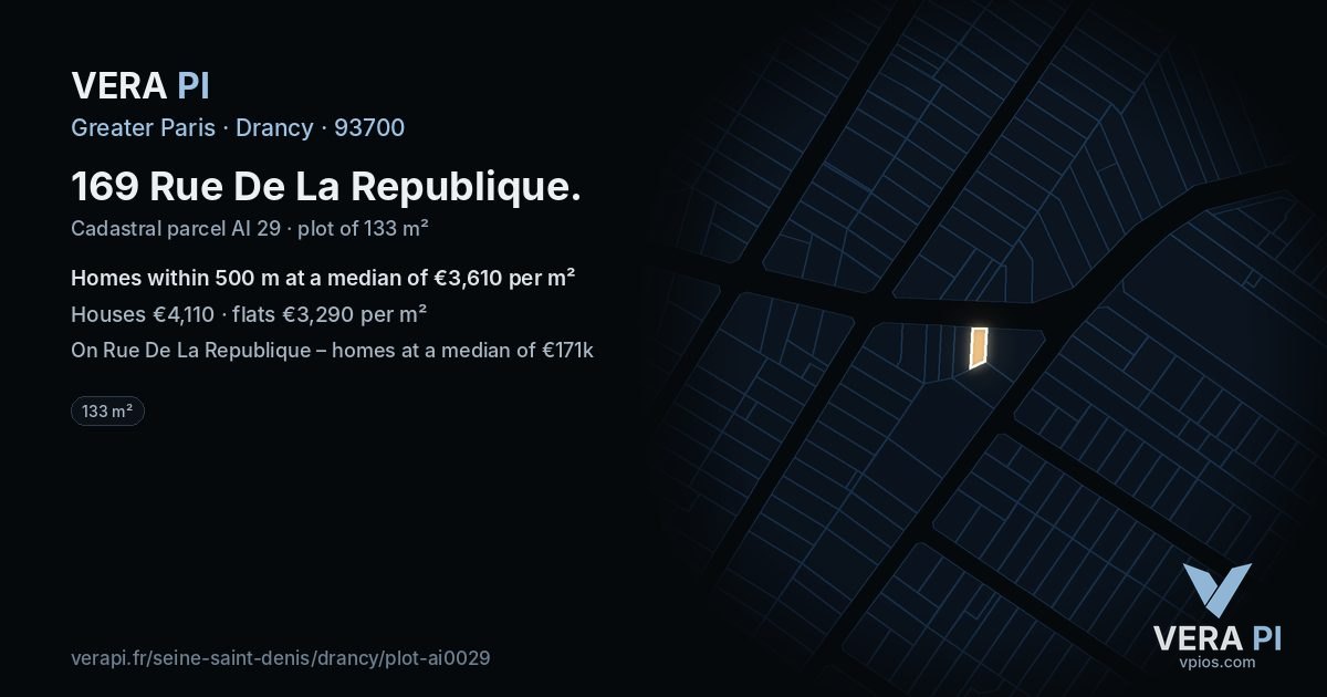 169 Rue De La Republique, Drancy at night – the plot lit, the parcels around coloured by the prices near them