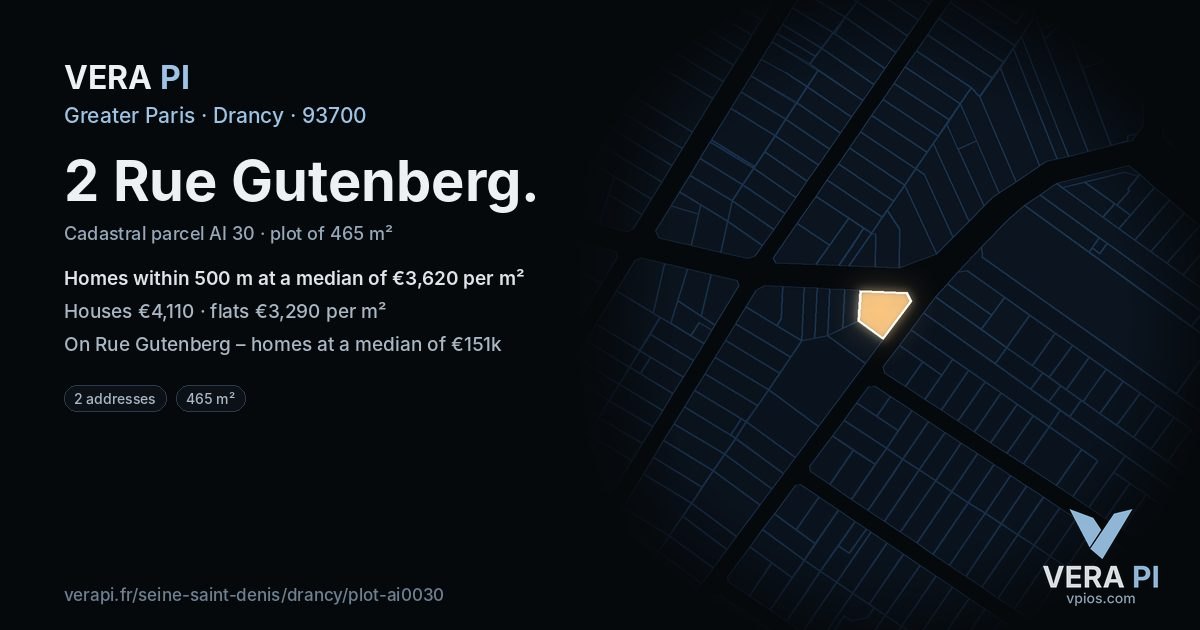 2 Rue Gutenberg, Drancy at night – the plot lit, the parcels around coloured by the prices near them