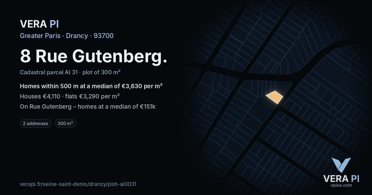 8 Rue Gutenberg, Drancy at night – the plot lit, the parcels around coloured by the prices near them