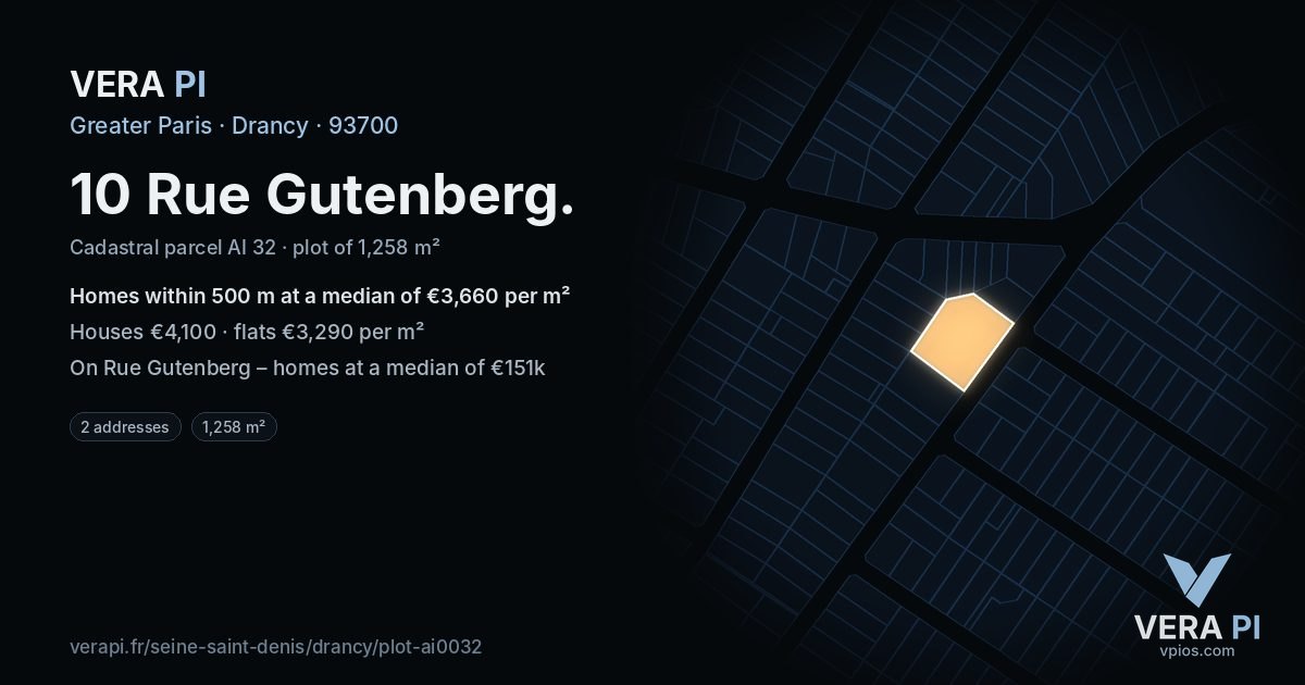 10 Rue Gutenberg, Drancy at night – the plot lit, the parcels around coloured by the prices near them