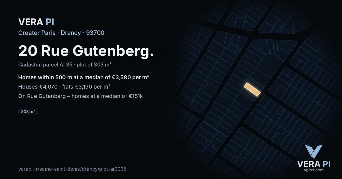 20 Rue Gutenberg, Drancy at night – the plot lit, the parcels around coloured by the prices near them