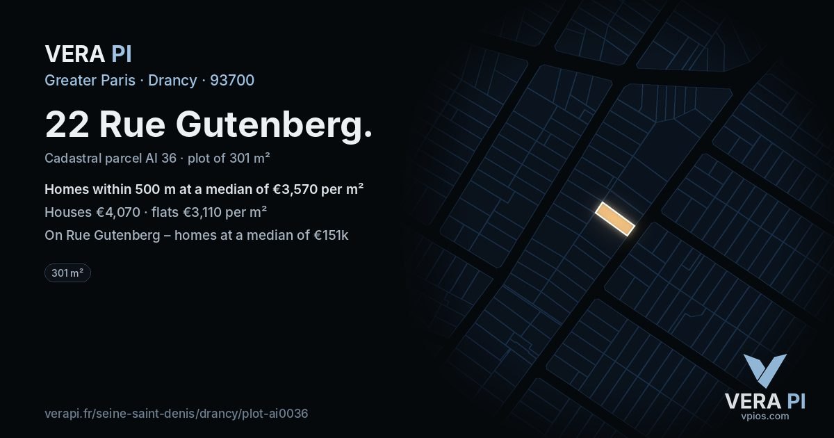 22 Rue Gutenberg, Drancy at night – the plot lit, the parcels around coloured by the prices near them