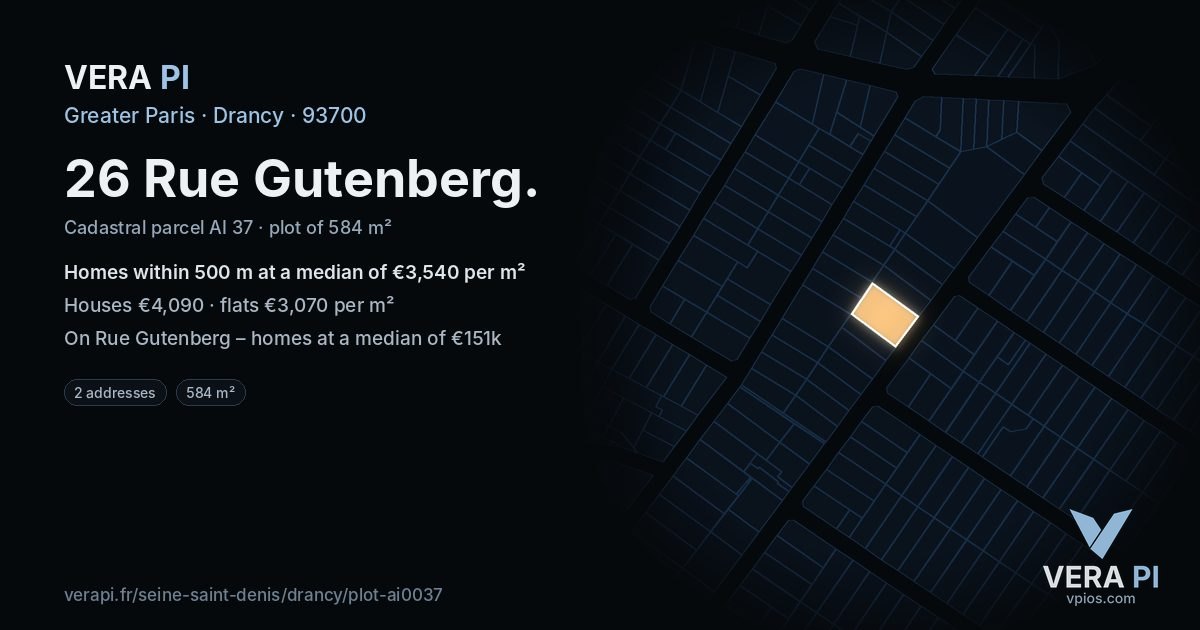 26 Rue Gutenberg, Drancy at night – the plot lit, the parcels around coloured by the prices near them