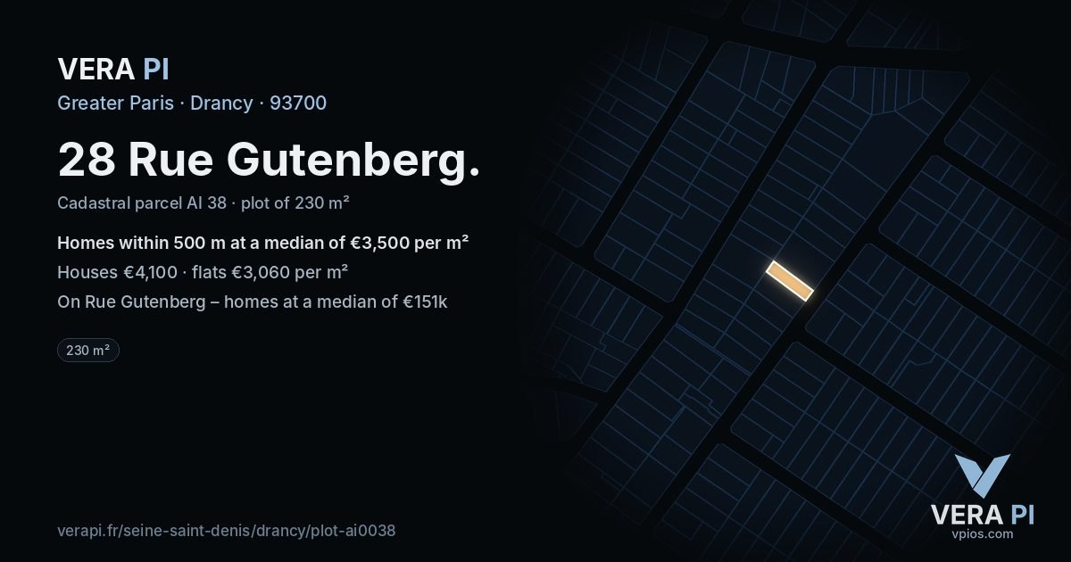 28 Rue Gutenberg, Drancy at night – the plot lit, the parcels around coloured by the prices near them