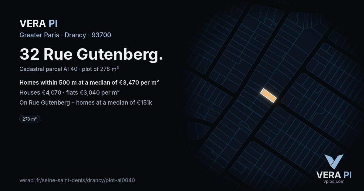 32 Rue Gutenberg, Drancy at night – the plot lit, the parcels around coloured by the prices near them