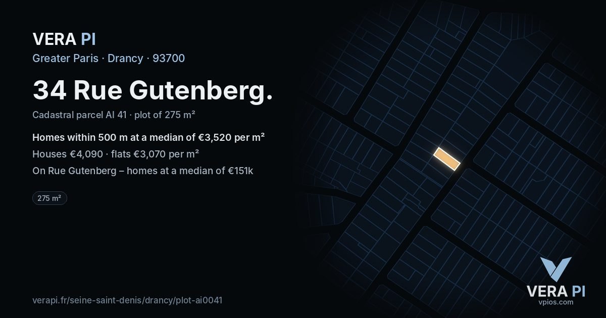 34 Rue Gutenberg, Drancy at night – the plot lit, the parcels around coloured by the prices near them