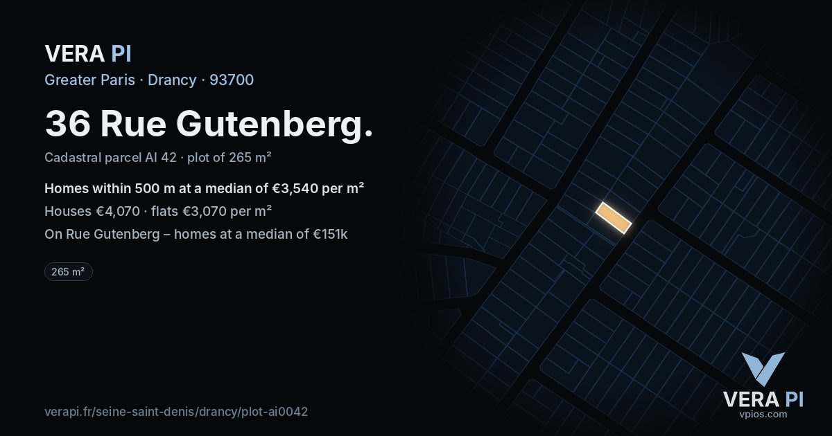 36 Rue Gutenberg, Drancy at night – the plot lit, the parcels around coloured by the prices near them