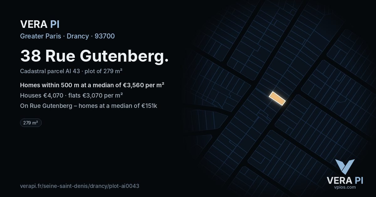 38 Rue Gutenberg, Drancy at night – the plot lit, the parcels around coloured by the prices near them