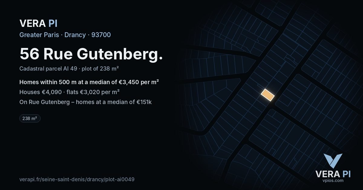 56 Rue Gutenberg, Drancy at night – the plot lit, the parcels around coloured by the prices near them