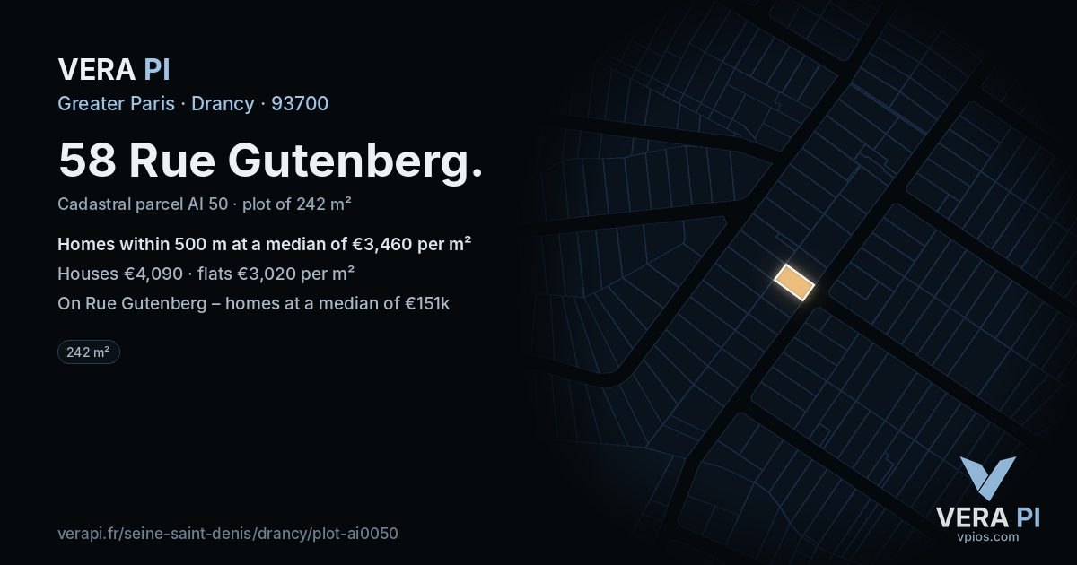 58 Rue Gutenberg, Drancy at night – the plot lit, the parcels around coloured by the prices near them