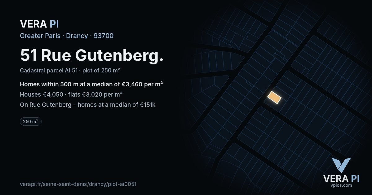 51 Rue Gutenberg, Drancy at night – the plot lit, the parcels around coloured by the prices near them