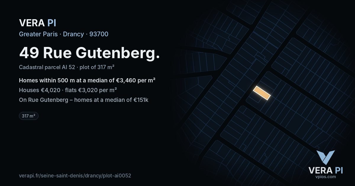49 Rue Gutenberg, Drancy at night – the plot lit, the parcels around coloured by the prices near them