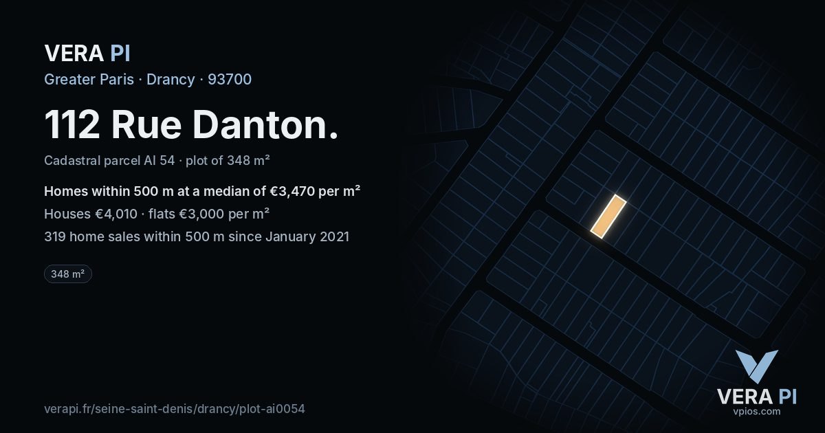 112 Rue Danton, Drancy at night – the plot lit, the parcels around coloured by the prices near them