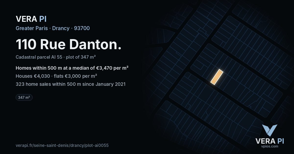 110 Rue Danton, Drancy at night – the plot lit, the parcels around coloured by the prices near them