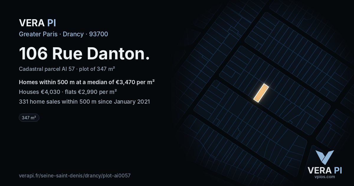 106 Rue Danton, Drancy at night – the plot lit, the parcels around coloured by the prices near them