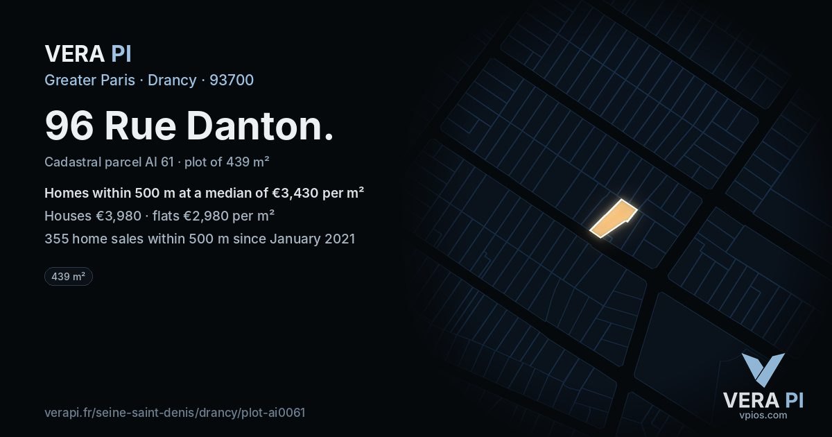 96 Rue Danton, Drancy at night – the plot lit, the parcels around coloured by the prices near them