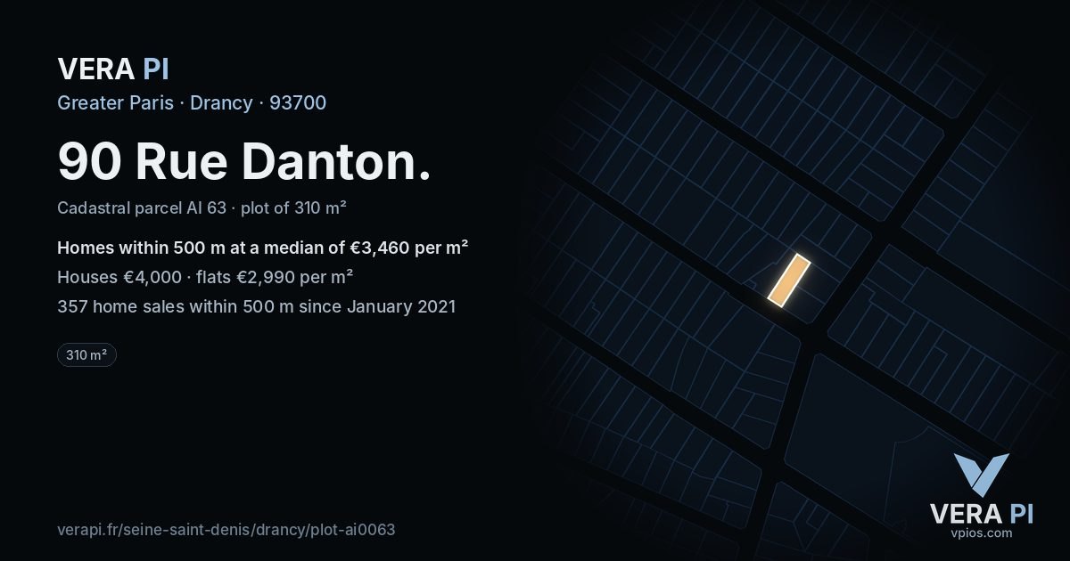 90 Rue Danton, Drancy at night – the plot lit, the parcels around coloured by the prices near them
