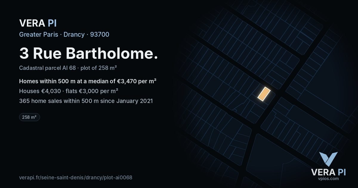 3 Rue Bartholome, Drancy at night – the plot lit, the parcels around coloured by the prices near them