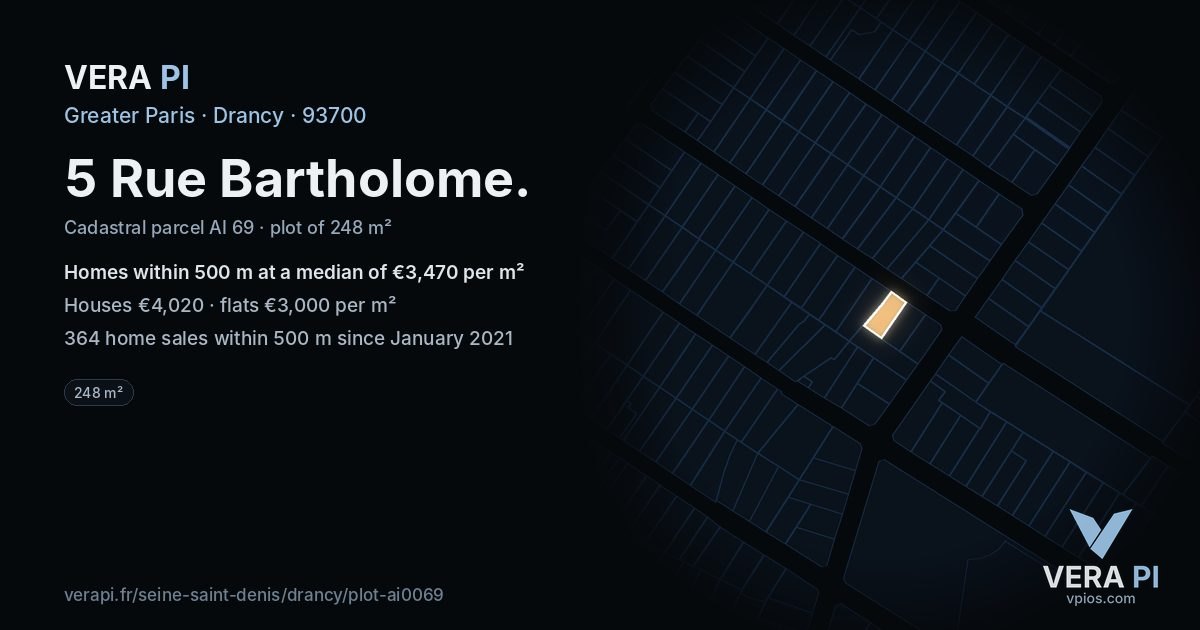 5 Rue Bartholome, Drancy at night – the plot lit, the parcels around coloured by the prices near them