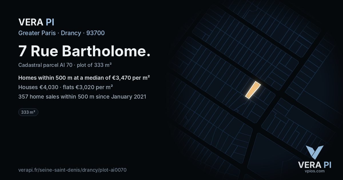 7 Rue Bartholome, Drancy at night – the plot lit, the parcels around coloured by the prices near them